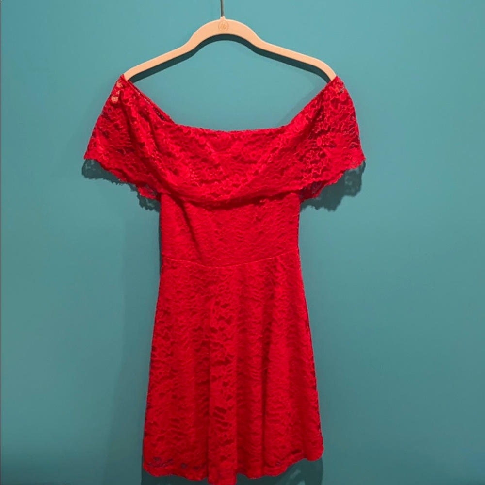 Red Lace Off the Shoulder Homecoming Dress